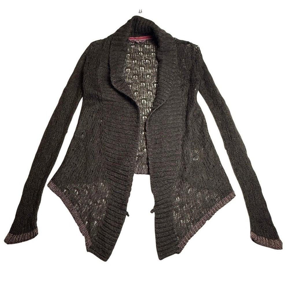 Dark Gray Knit Cardigan Sweater Lace‎ WhimsiGoth Cottagecore Y2K Sz 8 Wool Blend